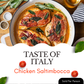 Chicken Saltimbocca in a pan with sage leaves, served on a wooden table with a glass of white wine.