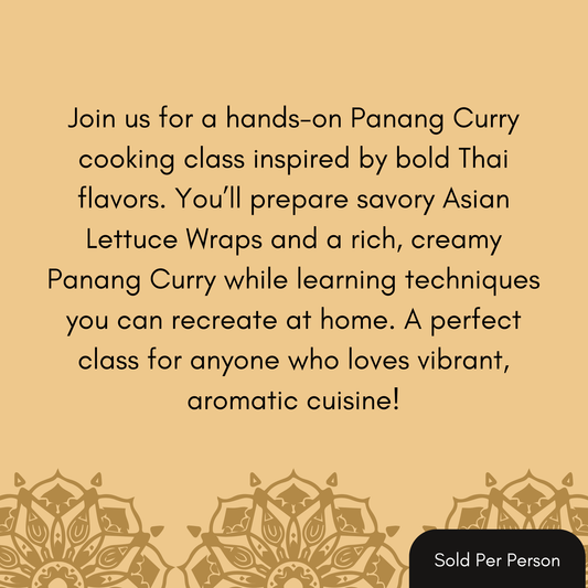 Promotional text for a Panang Curry cooking class on a beige background with decorative elements.
