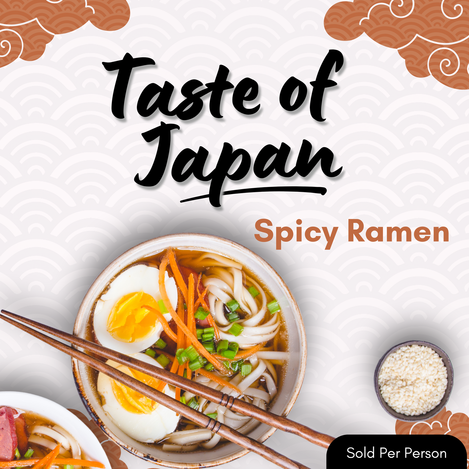 Spicy ramen bowl with noodles, egg, and vegetables on a textured background with 'Taste of Japan' text.