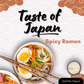 Spicy ramen bowl with noodles, egg, and vegetables on a textured background with 'Taste of Japan' text.