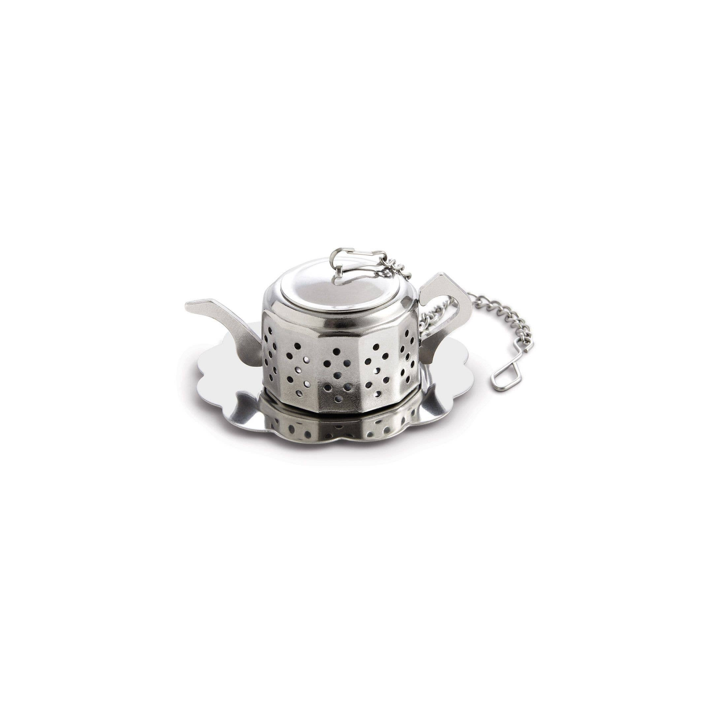 Metallic tea infuser with a chain on a white background
