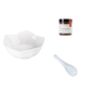 White bowl, white spoon, and container labeled 'Gochugaru' on a white background