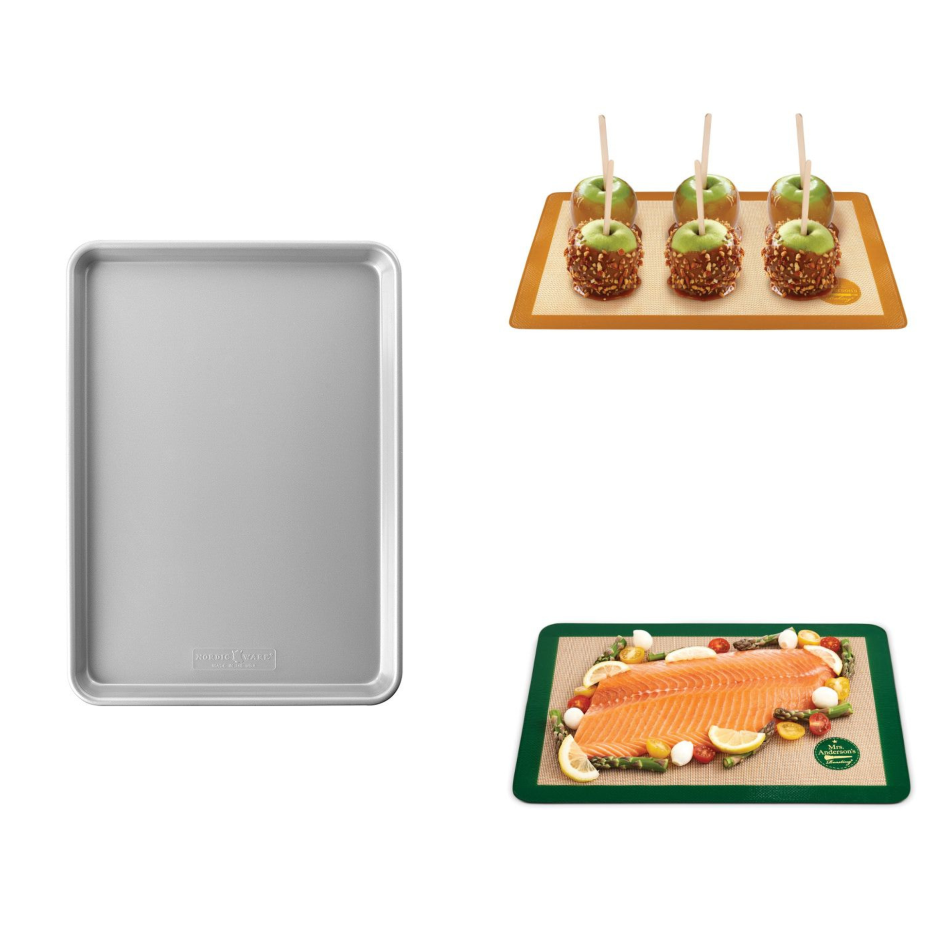 Baking tray, dessert platter with apples, and salmon dish on a white background