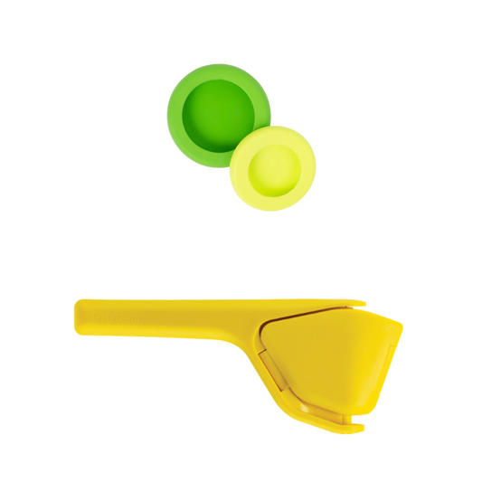 Yellow kitchen tool with green and yellow silicone components on a white background