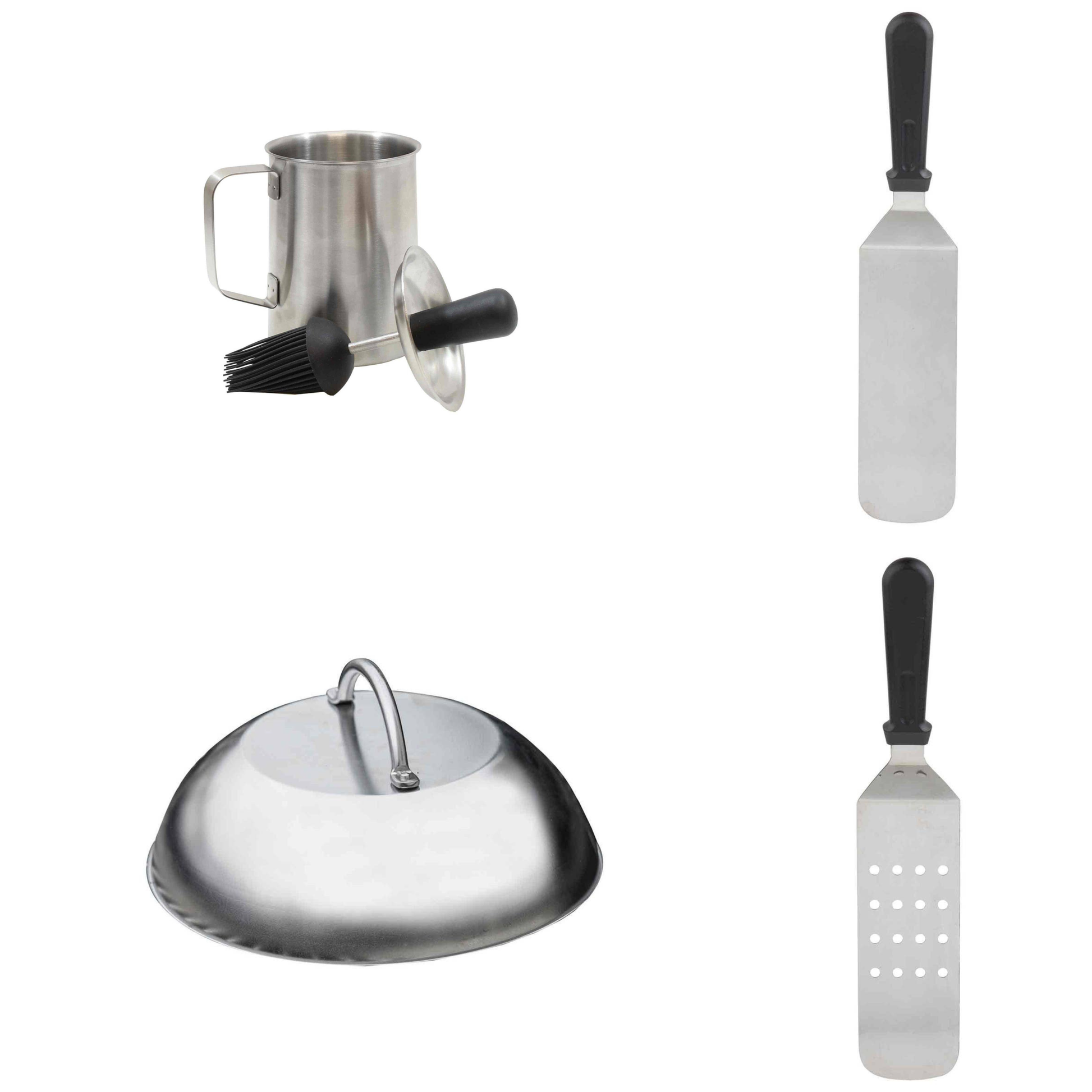 Set of kitchen tools including a metal canister, brush, lid, and spatula on a white background