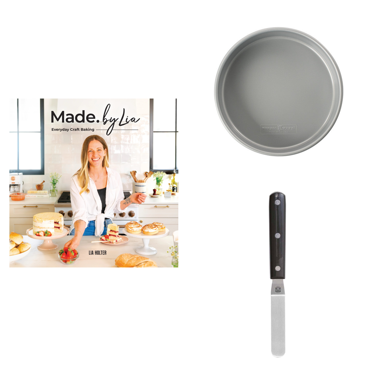 Gray cake pan, black-handled spatula, and 'Made by Lia' cookbook on a white background
