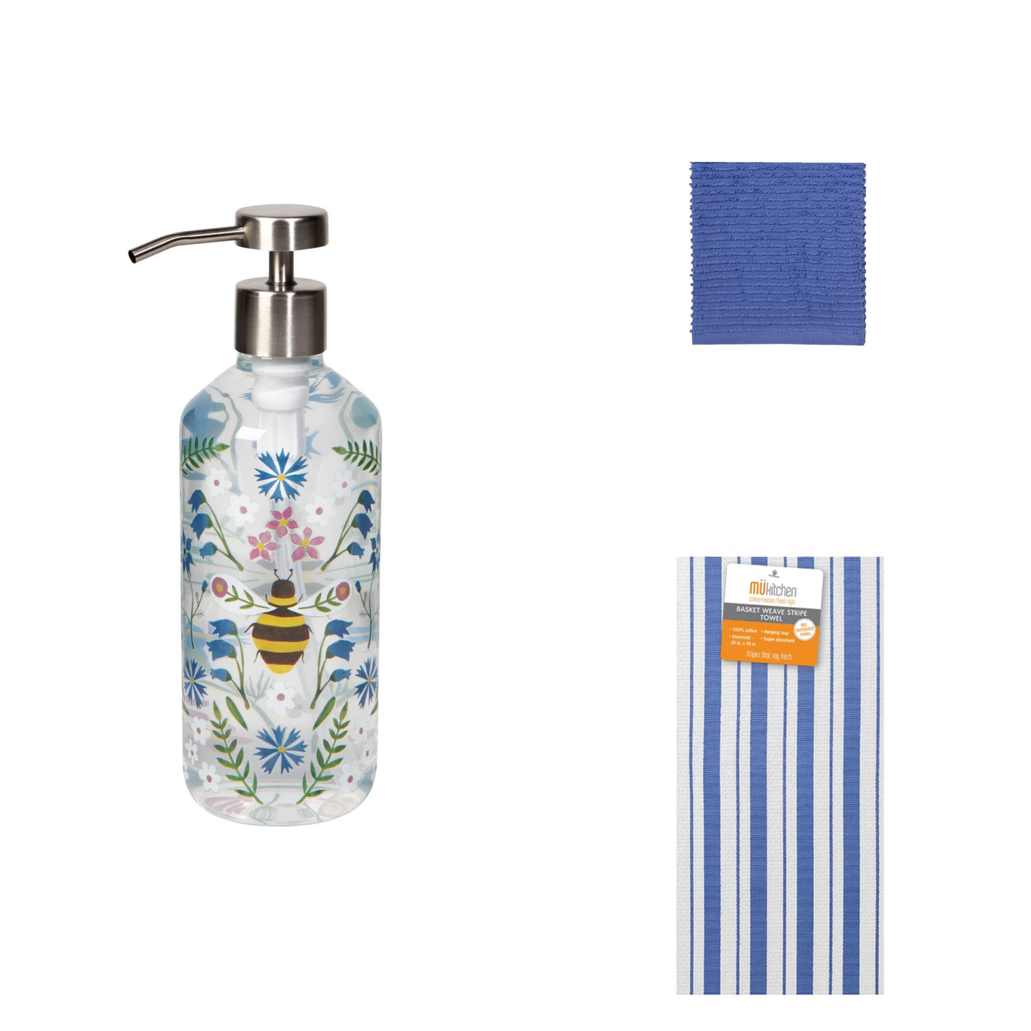 Decorative soap dispenser with floral design, blue cleaning cloth, and striped kitchen towel on a white background.