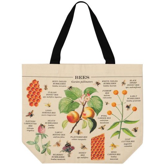 Bees-themed tote bag with illustrations and text on a beige background