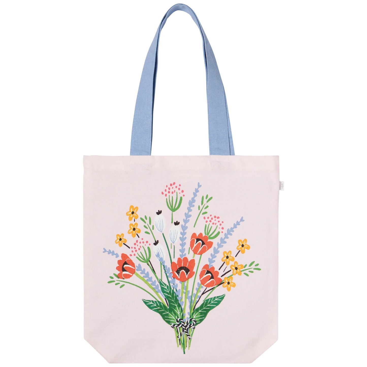 Brighten your day with this charming tote, perfectly sized for everyday essentials and spontaneous adventures. Featuring a soft pale pink base with periwinkle handles and a vibrant spring bouquet graphic, this bag is both stylish and practical. Made from 100% cotton, it offers a sustainable and lightweight carry-all for items like a compact umbrella, cardigan, or running shoes.