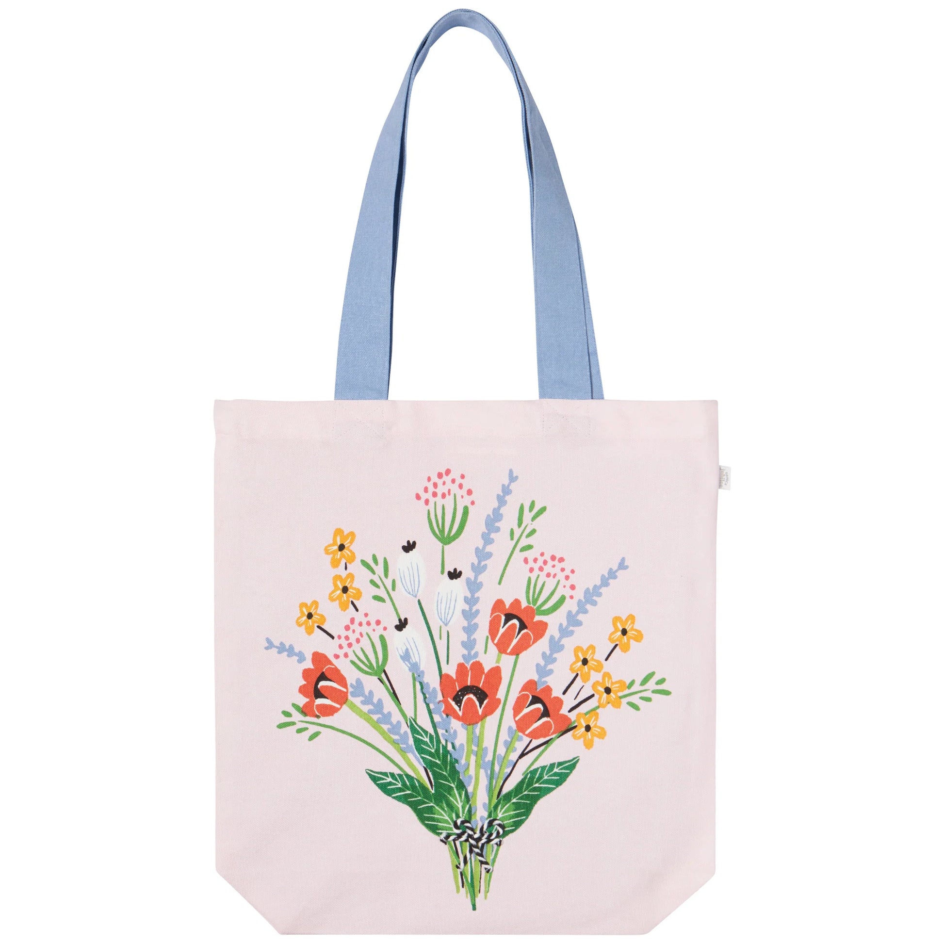 Brighten your day with this charming tote, perfectly sized for everyday essentials and spontaneous adventures. Featuring a soft pale pink base with periwinkle handles and a vibrant spring bouquet graphic, this bag is both stylish and practical. Made from 100% cotton, it offers a sustainable and lightweight carry-all for items like a compact umbrella, cardigan, or running shoes.