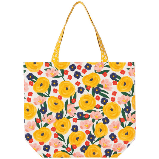 Floral patterned tote bag with yellow handle on a white background