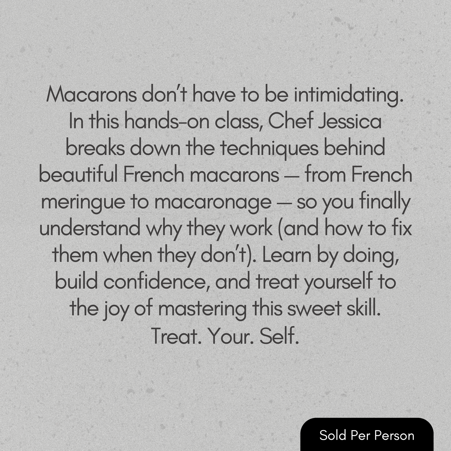 Text advertisement for a macaron-making class with a gray background