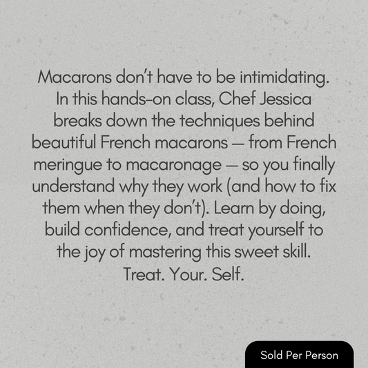Text advertisement for a macaron-making class with a gray background