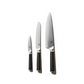 Material Set of three kitchen knives, chef, serrated, and paring. Matte Black Handle. 