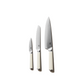 Three Piece Set of Material Knives in White Paring, Serrated, and Chef Knife