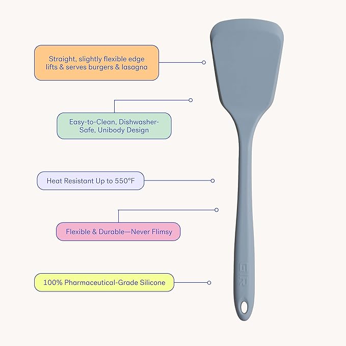 Meet your new kitchen powerhouse—the Ultimate Turner - Slate! Designed for lifting, flipping, and serving hefty foods with ease, this turner is built with a sturdy core for strength and a slightly flexible tip for precision. Whether you're tackling a sizzling BBQ feast, dishing up gooey lasagna, or stacking sky-high pancakes, this tool has the durability and versatility to handle it all. 