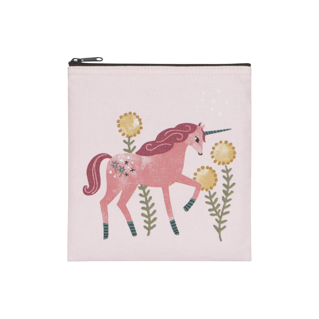 Set of two reusable snack bags featuring a pink unicorn on the larger food bag and a sweet flower pattern on the smaller food bag.  Both bags have food safe lining making these snack bags good to last all school year and beyond!