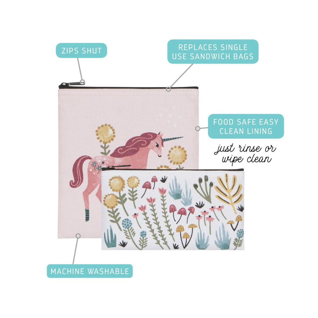 Set of two reusable snack bags featuring a pink unicorn on the larger food bag and a sweet flower pattern on the smaller food bag.  Both bags have food safe lining making these snack bags good to last all school year and beyond!