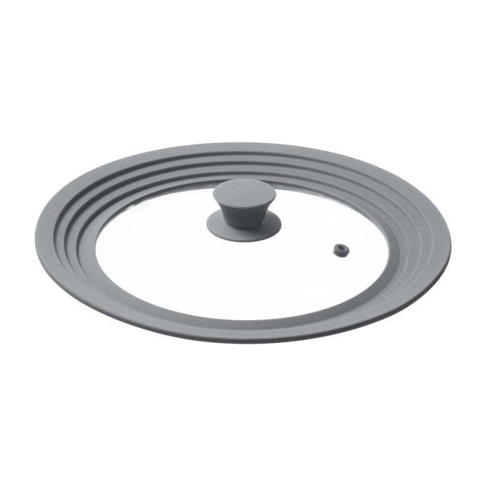 Gray glass lid with a handle on a white background