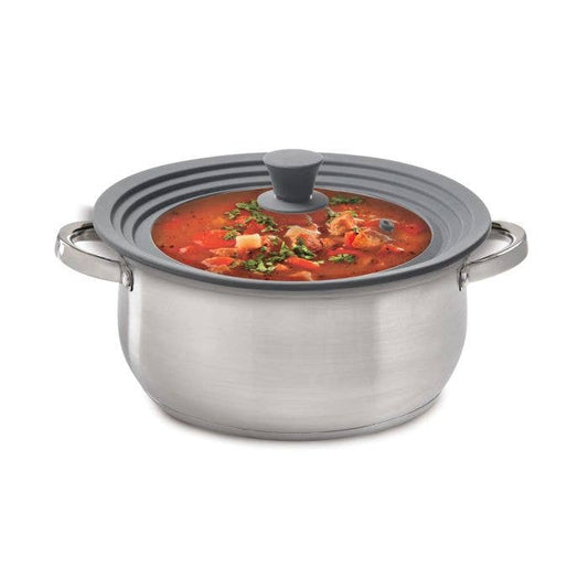 Stainless steel pot with a gray lid containing a soup dish on a white background