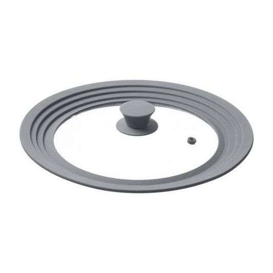 Gray glass lid with a handle on a white background