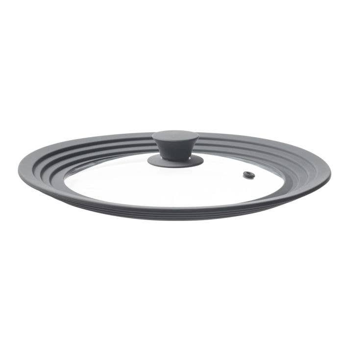 Glass lid with black silicone seal on a white background