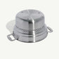 A stainless steel pasta insert with slotted holes designed to fit into a stock pot for cooking pasta on a white background.