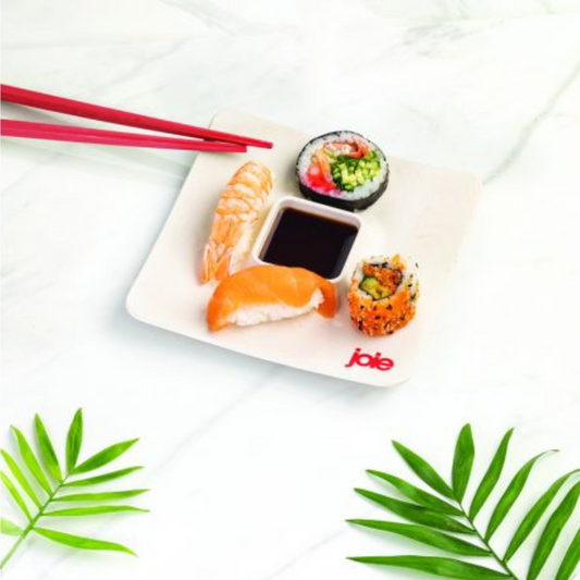 Reusable sushi set. Includes 2 plates with soy sauce holder and 2 sets of chopsticks. 