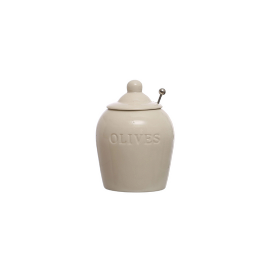 Stoneware Olive Jar with Slotted Spoon