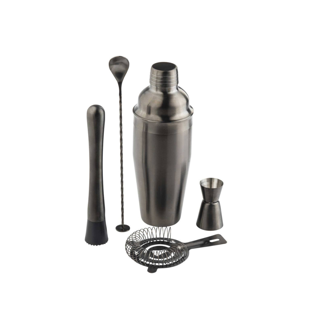 5 piece stainless steel barware kit including 24 ounce shaker in black.