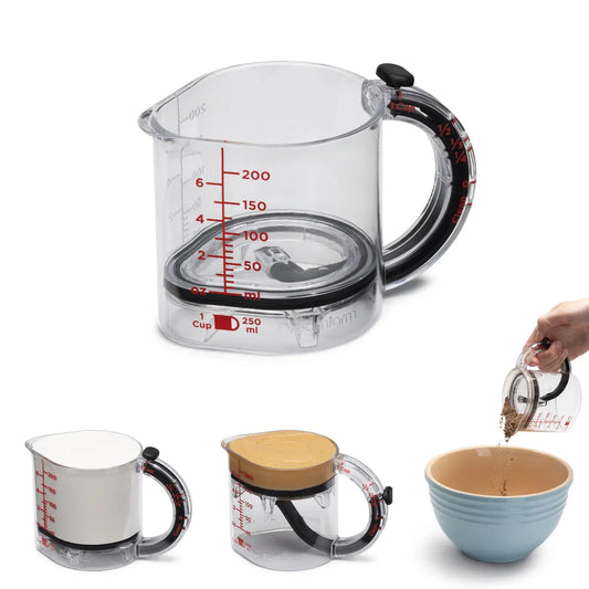 Set of measuring cups with different designs and capacities on a white background