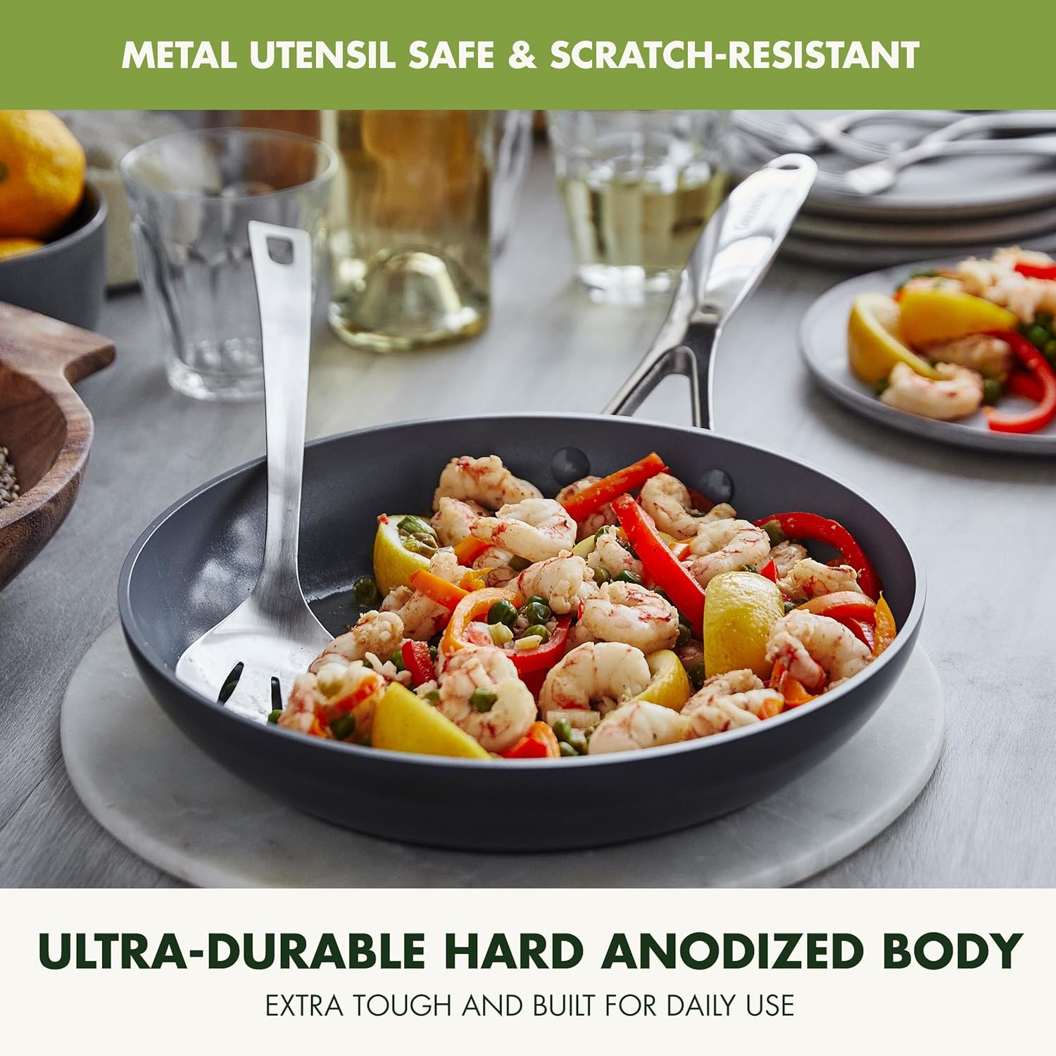 Sear, sauté, and sizzle your way to delicious with the Valencia Pro 10” Frypan—your everyday go-to for healthy, high-performance cooking. Made from ultra-durable hard anodized aluminum with a diamond-infused ceramic nonstick coating, this pan offers effortless food release without the need for oils or butters.