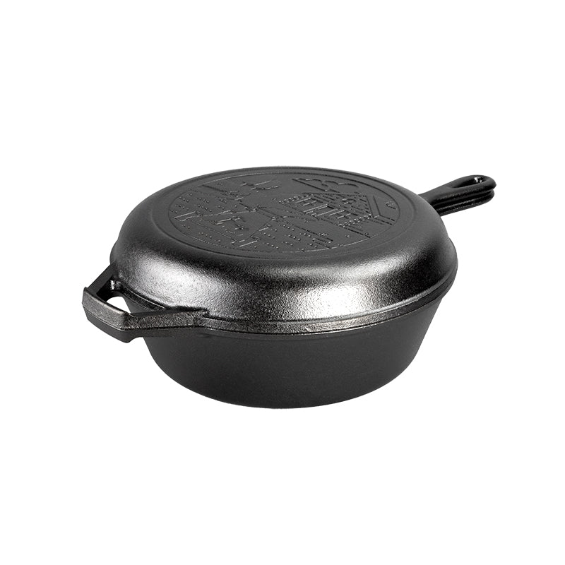 Fuel your outdoor escapades with friends with the Wanderlust 3.2 Qt Combo Cooker - Cabin. This cooker is versatile and one-of-a-kind, handling everything from breakfast to steaks to slow-cooking roasts. Bonus: it transforms into a deep skillet or shallow griddle with a simple flip!