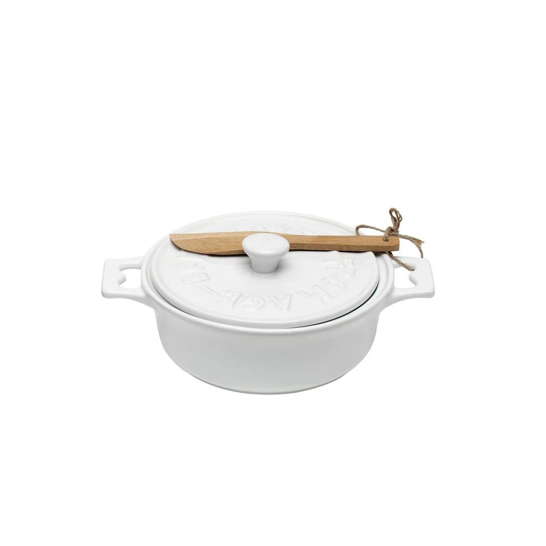 Treat yourself to elevated baked brie with our stylish Brie Bakers, available in white or grey. Each comes with a wooden spatula for serving. Made of stoneware, dimensions are 7" Round x 3" High.
