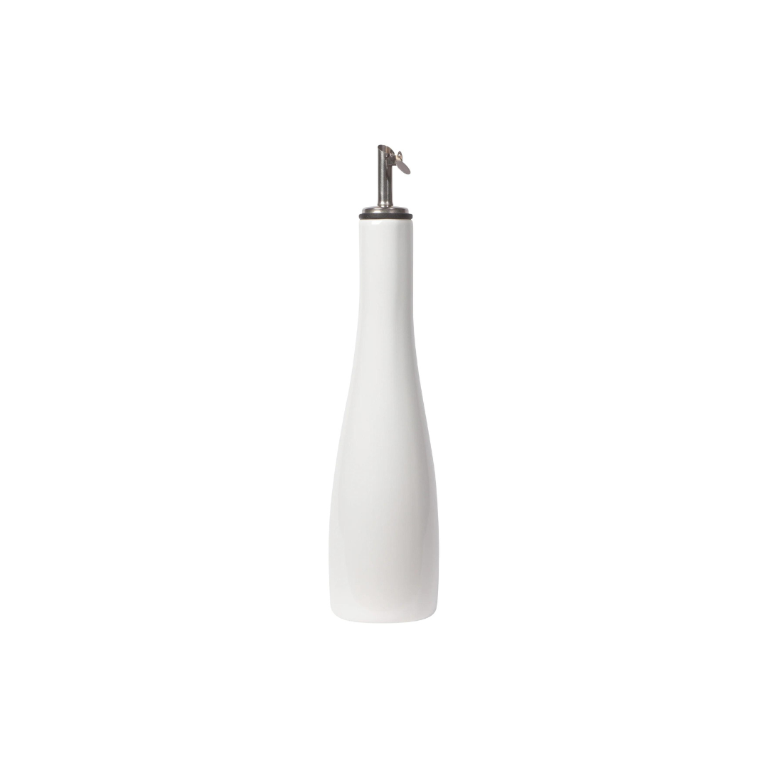 Upgrade your kitchen essentials with Danicas' stylish White Cruet! Its curvy shape and sleek gallery white hue make it a contemporary addition to any kitchen. Perfect for drizzling oils, vinegar, or other liquids on salads and meats, this attractive dispenser features a no-mess stainless steel pouring spout for easy use. 