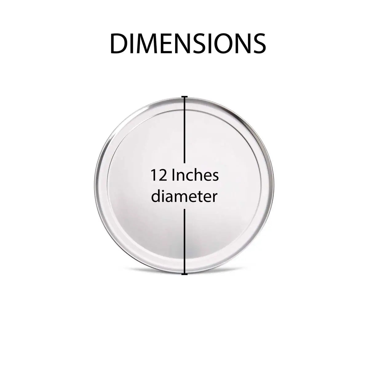 A circular silver tray or plate shown on a white background with the word DIMENSIONS at the top and text reading 12 Inches diameter with a vertical measurement line through the center.