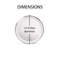 A circular silver tray or plate shown on a white background with the word DIMENSIONS at the top and text reading 12 Inches diameter with a vertical measurement line through the center.