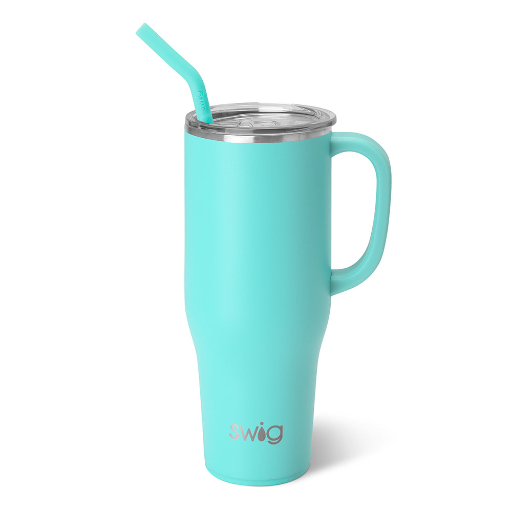 Quench your thirst with our 40oz Aqua Mega Mug. Insulated and cup holder-friendly, it keeps drinks cold for 24+ hours and hot for 9+ hours. With a comfortable grip handle, non-breakable construction, and bonus accessories, it's the ultimate hydration companion.