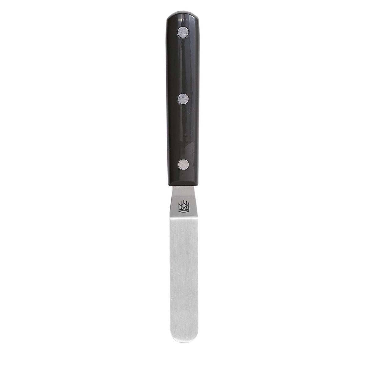 Knife with a black handle and silver blade on a white background
