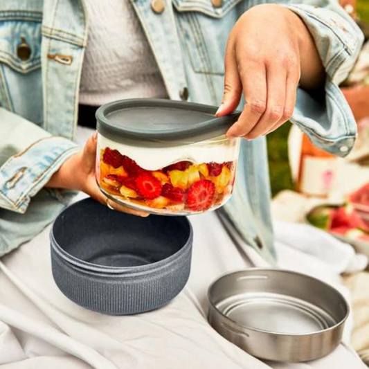 Glass Lunch Bowl in slate being used and filled with fruit