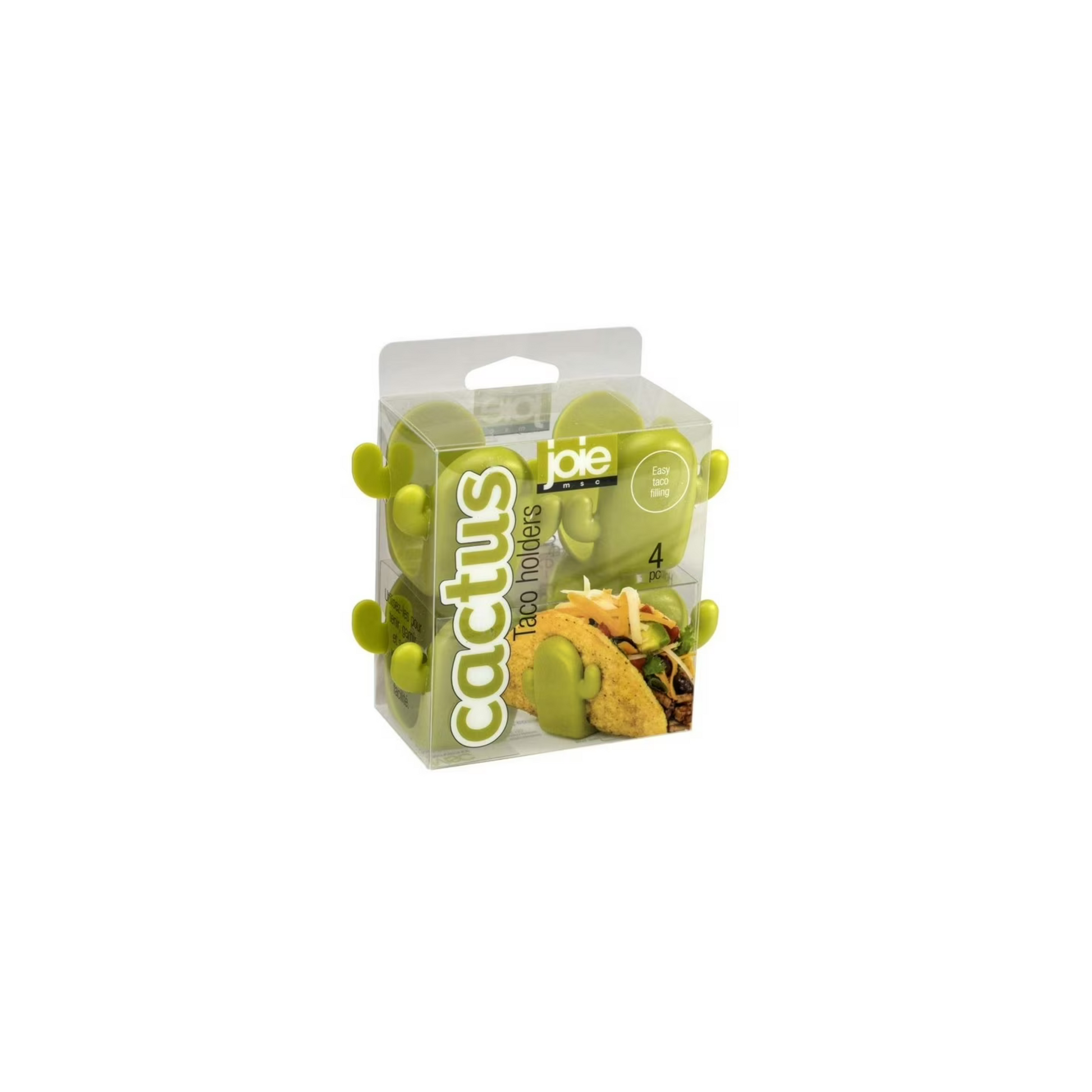 Packaged cactus taco holders with 'joie' branding on a white background
