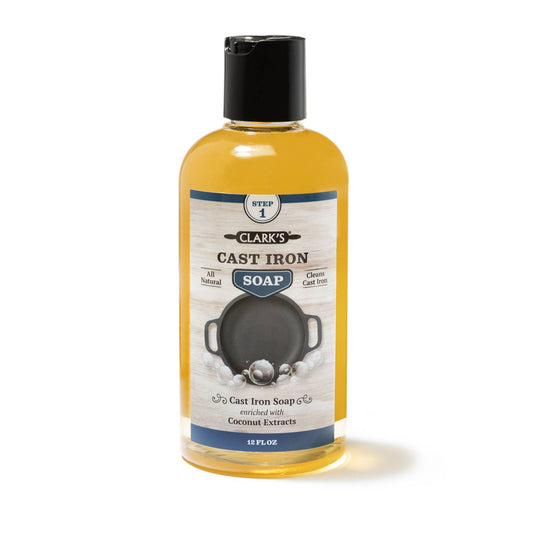 Keep your cast iron cookware like new with CLARK'S Cast Iron Soap! Made with natural ingredients, it leaves no residue, reduces odors, and helps prepare for CLARK's Cast Iron oil. Safe for anyone, including kids and pets!