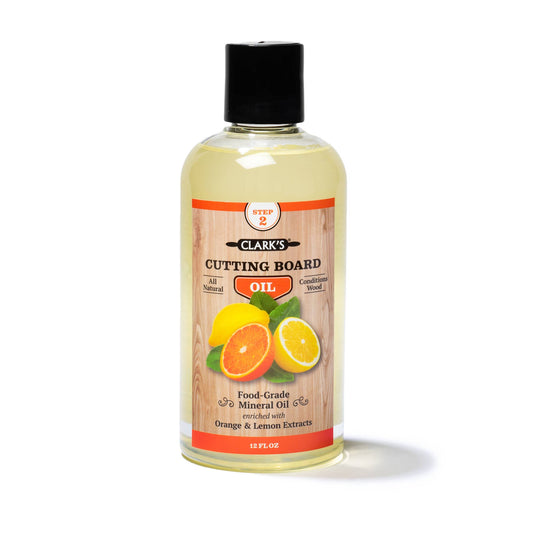 CLARK'S Cutting Board Oil is a delightfully scented formula that easily restores and revives wood surfaces. Simply apply and allow to penetrate for 1-2 hours before wiping off. With anti-microbial properties and a blend of lemon and orange oils, it prevents drying and cracking. Exceeding FDA regulations, it's the safest option for your kitchen surfaces.