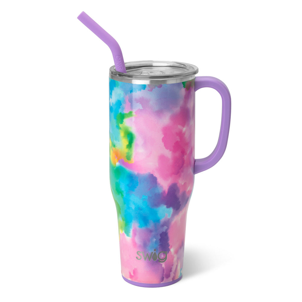 Our 40oz Mega Mug keeps drinks hot or cold for hours. Its sturdy build, fun watercolor print, and convenient cup holder compatibility make it a must-have. Fun cloud nine pattern!