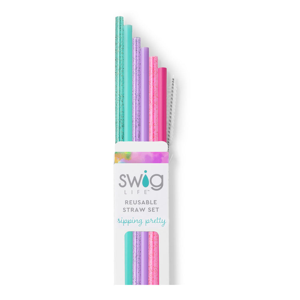 Ditch disposable straws with our reusable set - 6 straws, 1 cleaning brush. Eco-friendly and perfect for Swig orders! BPA-free plastic and dishwasher safe, but handwash for max sanitation. Not for hot liquids or microwave/freezer use. Use with 12oz Skinny Can Coolers, 22oz Travel Mugs, 20oz/22oz/32oz Tumblers.