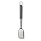 A stainless steel meat tenderizer with a long handle and a hanging loop at the top, shown against a plain white background.