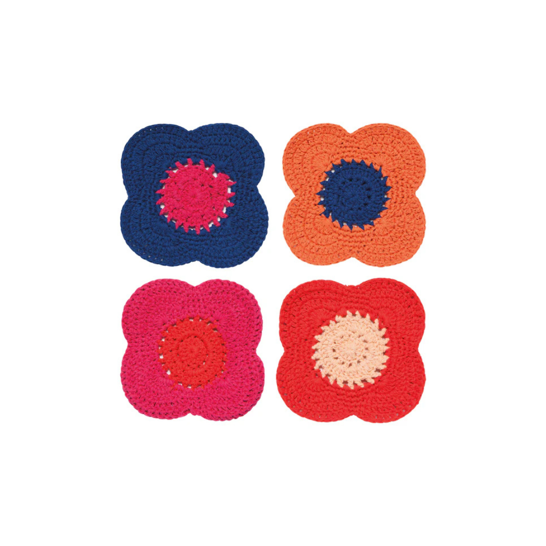 Bring a touch of handcrafted elegance to your table with the Poppy Crochet Coaster Set. Featuring a lively blend of vibrant reds, soft petal pinks, and cool blues, these intricately crocheted coasters celebrate the bold beauty of the poppy. 