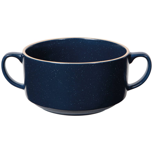 A dark blue speckled ceramic bowl with two side handles, shown against a plain white background.