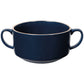 A dark blue speckled ceramic bowl with two side handles, shown against a plain white background.