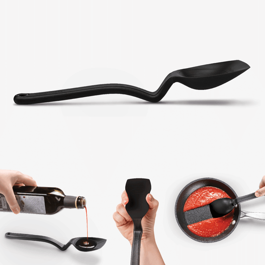 Supoon is the world’s best cooking spoon. It has a flat squeegee tip and flexible sides to scrape your pan or bowl clean, a deep scooping head, measures teaspoons and tablespoons, and its clever handle design is like having a built-in spoon rest so your Supoon’s head sits up off your bench.